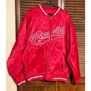 ROCAWEAR Satin Bomber Jacket Mens XL Red Script Logo Varsity Style 30x25 Hip Hop